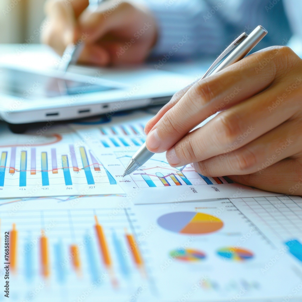 A close-up of the analysis working with the latest financial results. Analysis of sales forecast graphs, financial accounting with hand writing Abstract digital effect for background A close-up of the analysis working with the latest financial results. Analysis of sales forecast graphs, financial accounting with hand writing Abstract digital effect for background