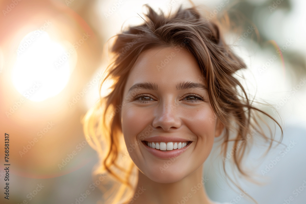 A woman with blonde hair and a smile on her face. She is wearing a dress and has her hair in a bun A woman with blonde hair and a smile on her face. She is wearing a dress and has her hair in a bun
