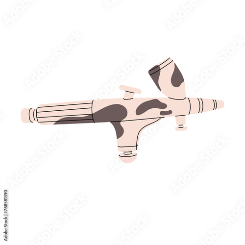 Professional airbrush. Spray gun for car painting, bodywork equipment. Paint sprayer for drawing, art supplies. Makeup aerograph , covering tool. Flat isolated vector illustration on white background
