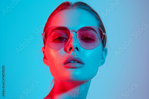 Beauty with eyeglasses. fashionable red woman with big glasses. A close up of a woman wearing pink sunglasses. Glamour portrait of beautiful young woman model in big fashion.