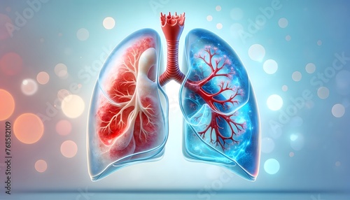 human lungs with a clear delineation between the red oxygenated and blue deoxygenated areas, symbolizing the respiratory process. 3d illustration. photo