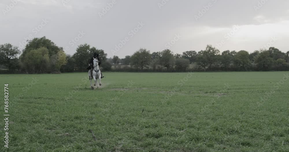 Hooded man riding armored horse through grassy field - wide shot Hooded man riding armored horse through grassy field - wide shot