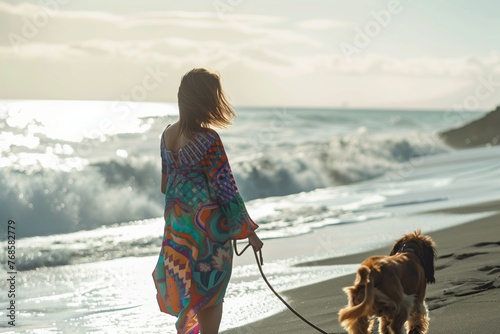 lady in a vibrant beach tunic walking her dog along the coast