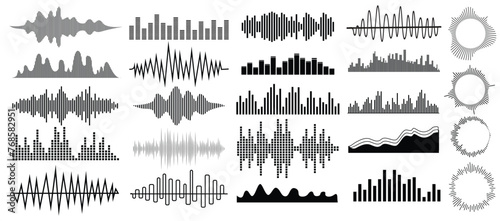 Set Sound vibration waves in different shapes set isolated elements set of vibration and waving lines Vector illustration.