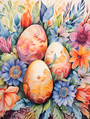 Vibrant Watercolor Easter Eggs Adorned with Bohemian Florals and Paisley Patterns