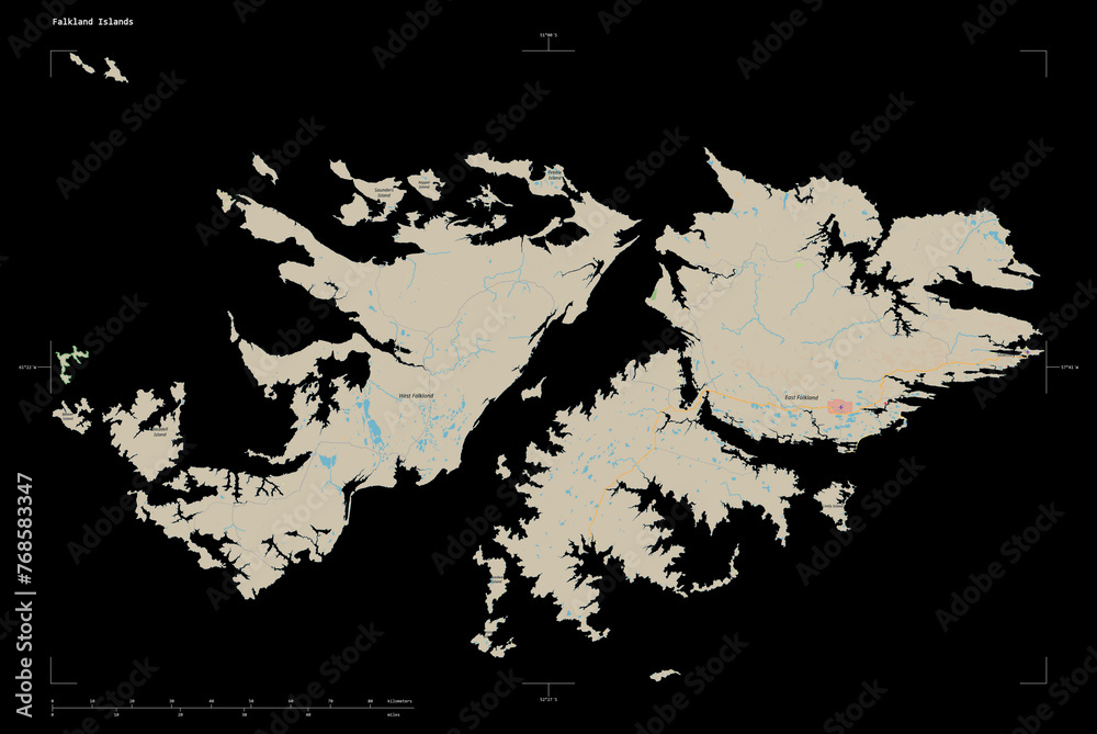 Falkland Islands shape isolated on black. OSM Topographic standard style map