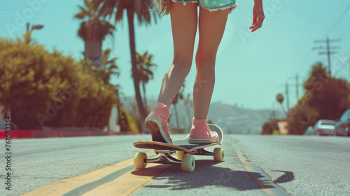 Young cool teen woman. Teenager hipster in California rides skateboard boardwalk. Girl skater skate board on sunny LA day. Extreme sport city street. Fun skatepark close up. 80s vintage pink aesthetic