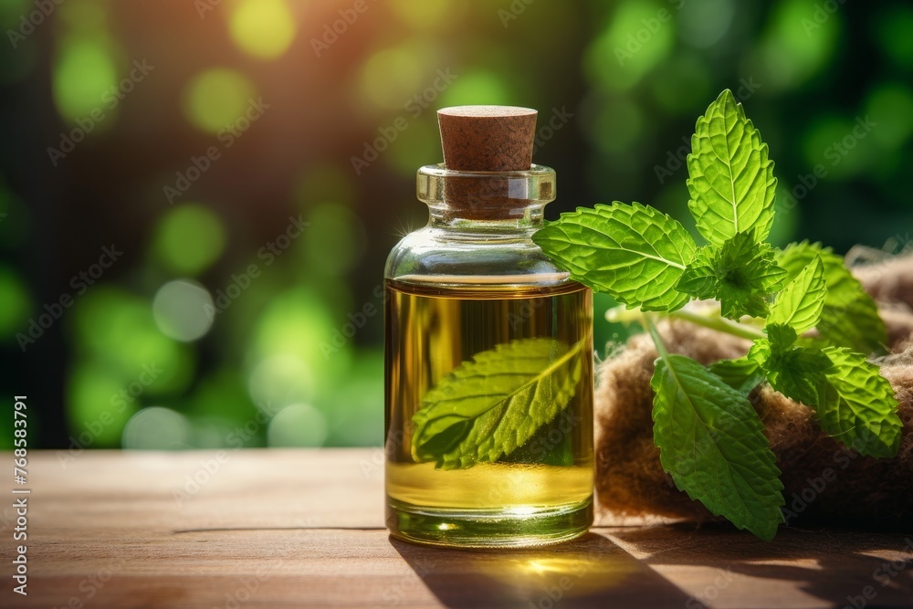 Peppermint essential oil bottle with free space for text, aromatherapy and wellness concept Peppermint essential oil bottle with free space for text, aromatherapy and wellness concept
