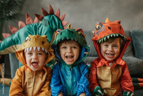 Children's Dinosaur Costume Party with Happy and Joyful Kids, dino party