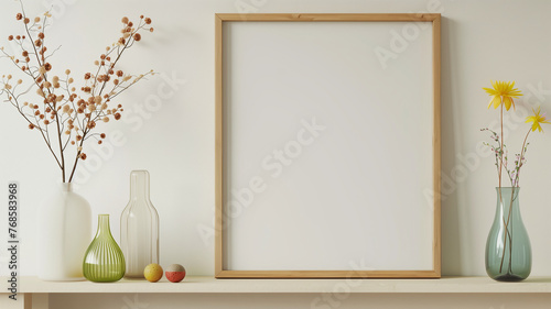 A mockup of an empty light wood picture frame sitting on a white shelf, surrounded by colorful vases and dainty wild flowers in a minimalistic style with neutral tones photo