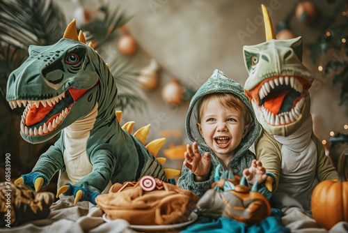 Portrait of a happy boy at a children's dinosaur costume party, Dino Party