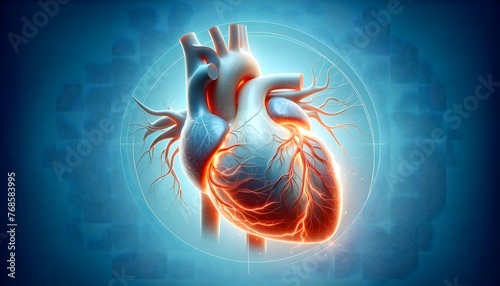 human heart with an intricate network of blood vessels illuminated as if showcasing the flow of blood, set against a cool blue background with a subtle grid. 3d illustration.