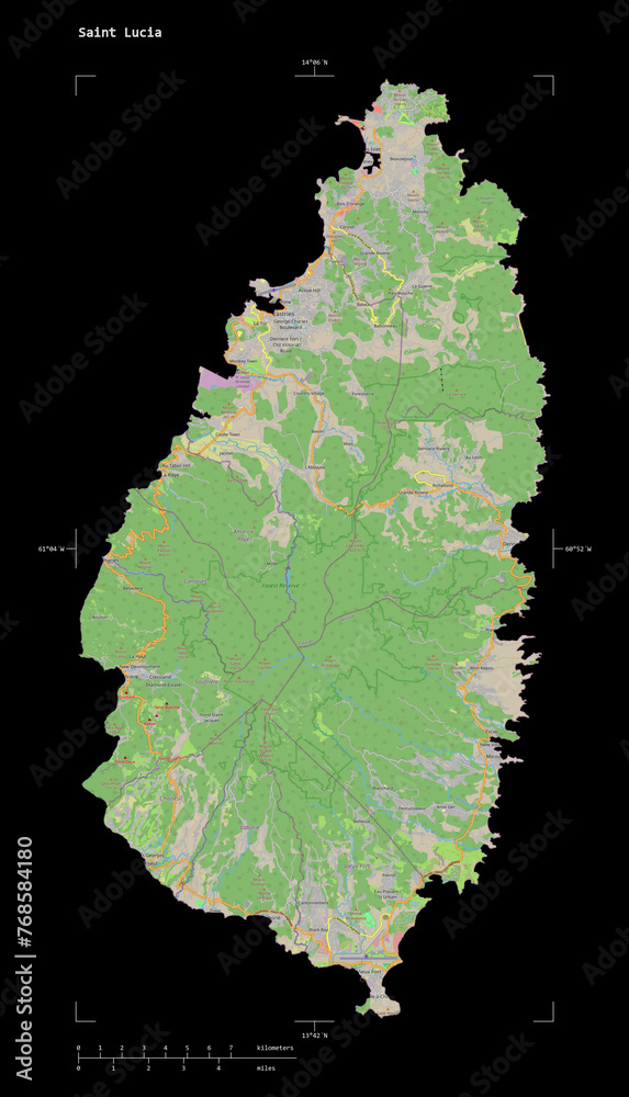 Saint Lucia shape isolated on black. OSM Topographic standard style map