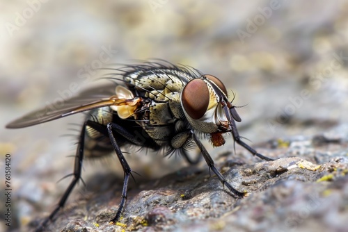 closeup of a fly cleaning its wings on a rock