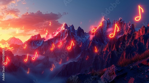 Abstract neon background with glowing musical note marks and rocky mountains in a fantastical landscape