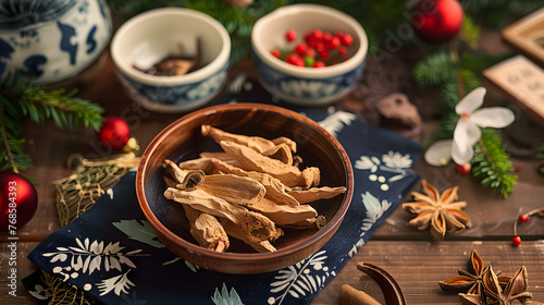 Chinese Herbal Medicine Tianma, holiday season, christmas greetings, chinese medicine photo