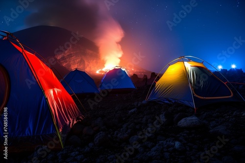 night camp with tents set up facing the light from a volcano