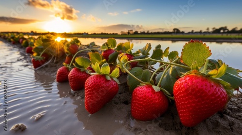 Sunlit strawberry fields capturing the charm of berry farming in the evening glow