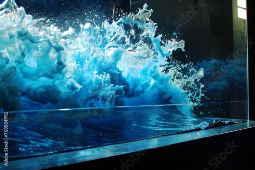 crashing blue wave in a water tank