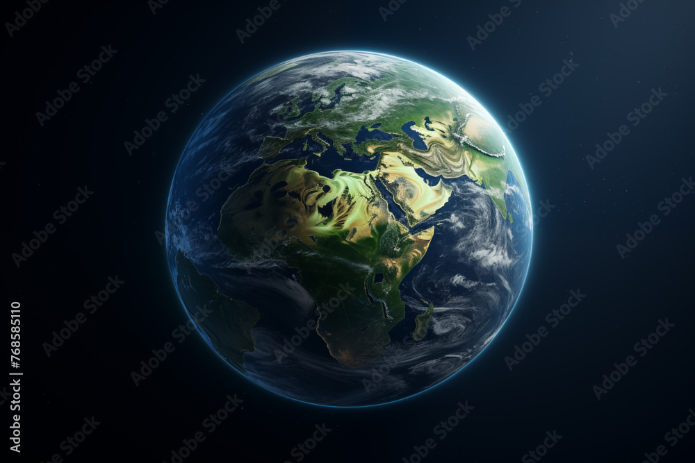 Planet Earth with detailed relief and atmosphere. Blue space background with earth and galaxy.