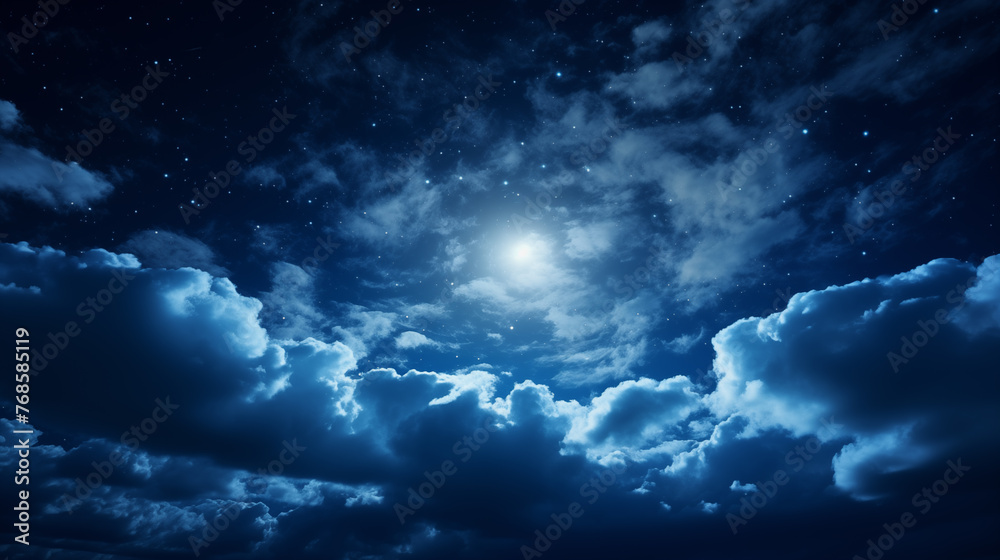 Dark natural background with clouds. Moon in the midnight dark blue sky Dark natural background with clouds. Moon in the midnight dark blue sky