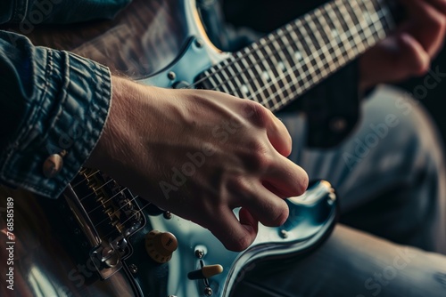 overshoulder view of guitarist, focusing on fretting hand photo