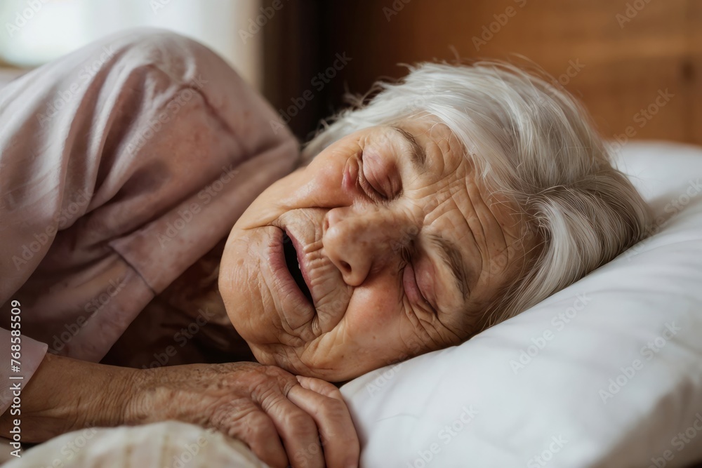 Old woman sleeping in bed with open mouth Old woman sleeping in bed with open mouth