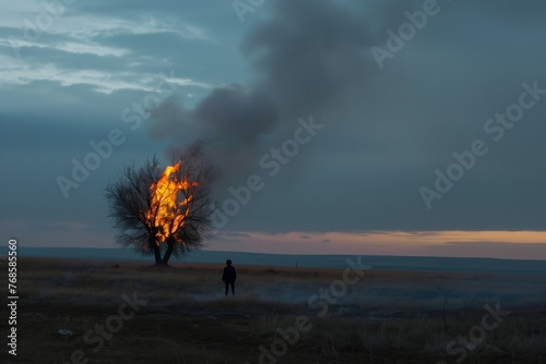 person standing at a distance, watching a lone tree burn © Alfazet Chronicles