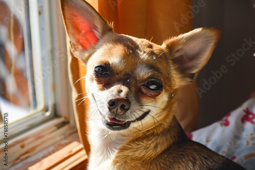 chihuahua in a sunny window  smiling with squinted eyes