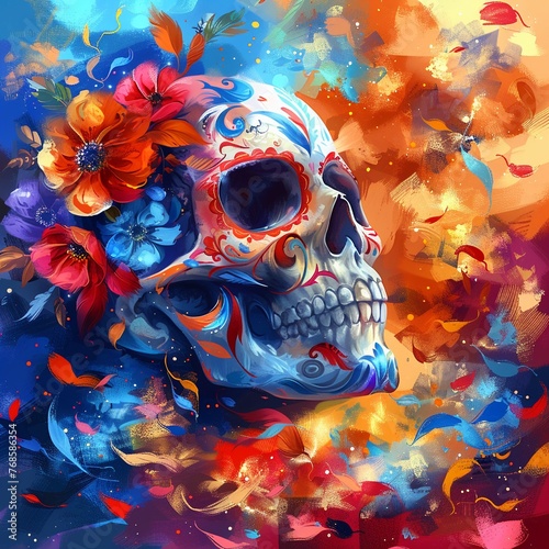 Colorful painted skull on vibrant paint background