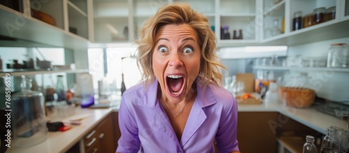 A middle-aged Caucasian woman is standing in a kitchen, her expression showing surprise and excitement. She has her eyes wide open and appears to be celebrating a success, with a hint of craziness in