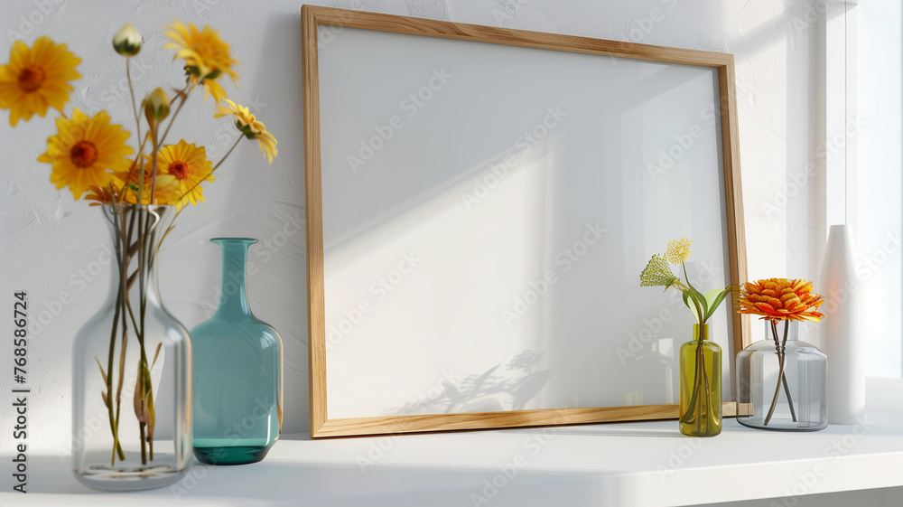 A mockup of an empty light wood picture frame sitting on a white shelf, surrounded by colorful vases and dainty wild flowers in a minimalistic style with neutral tones - obrazy, fototapety, plakaty 