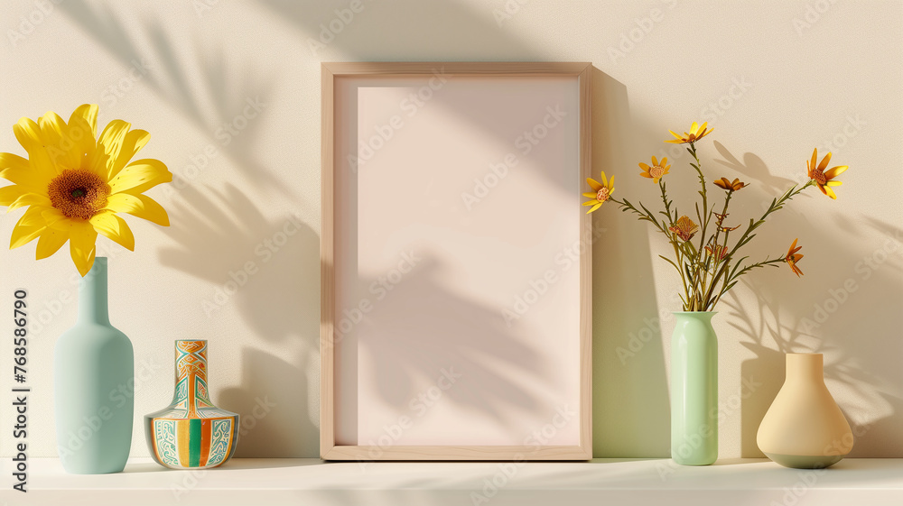 A mockup of an empty light wood picture frame sitting on a white shelf, surrounded by colorful vases and dainty wild flowers in a minimalistic style with neutral tones - obrazy, fototapety, plakaty 