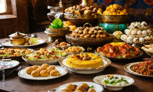 a large table with national Kazakh food and sweets Cupcakes with cream 