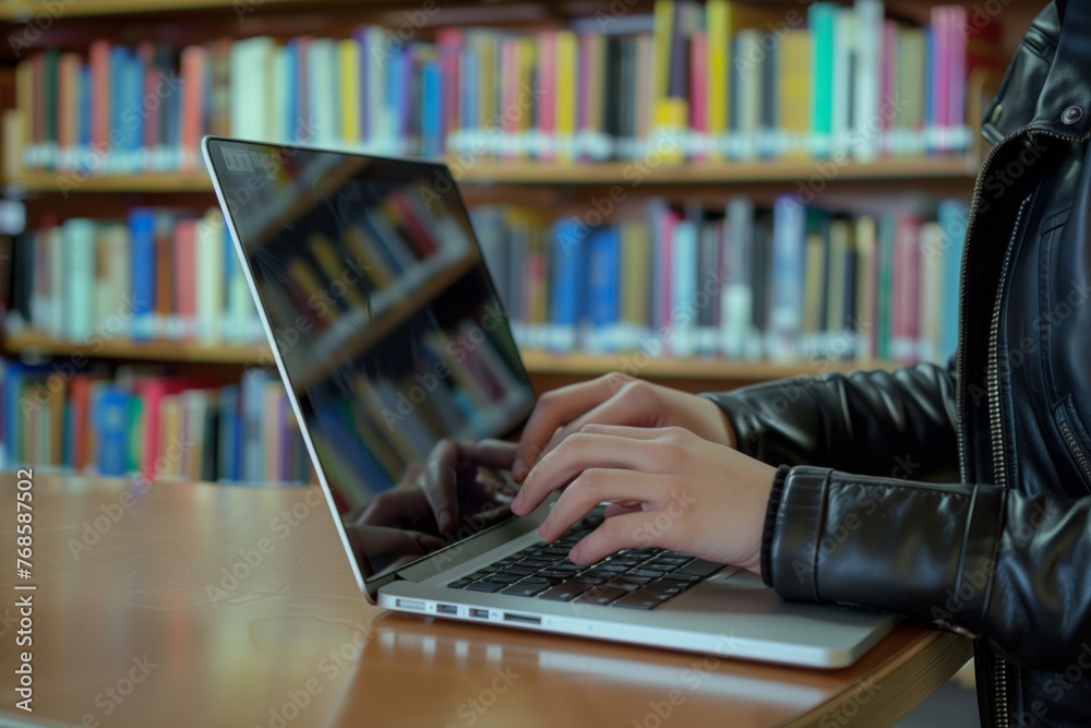 person in leather jacket using laptop, modern library person in leather jacket using laptop, modern library
