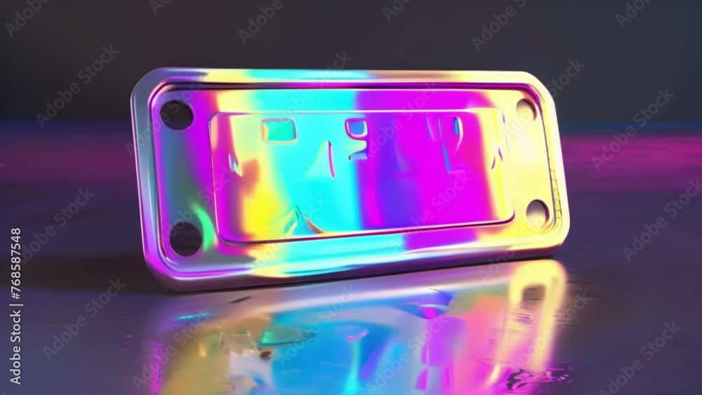 Blank mockup of a holographic license plate with a futuristic font and an abstract geometric design.