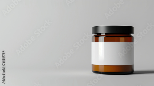 3D rendering of a bottle with white blank labels on a light grey background, mockup