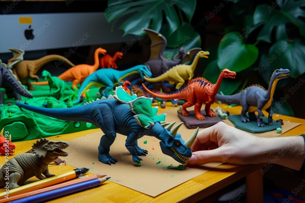 Fototapeta premium sculpting various plasticine dinosaurs on a desk