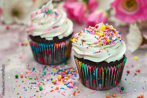 pair frosting cupcakes with colorful sprinkles on table