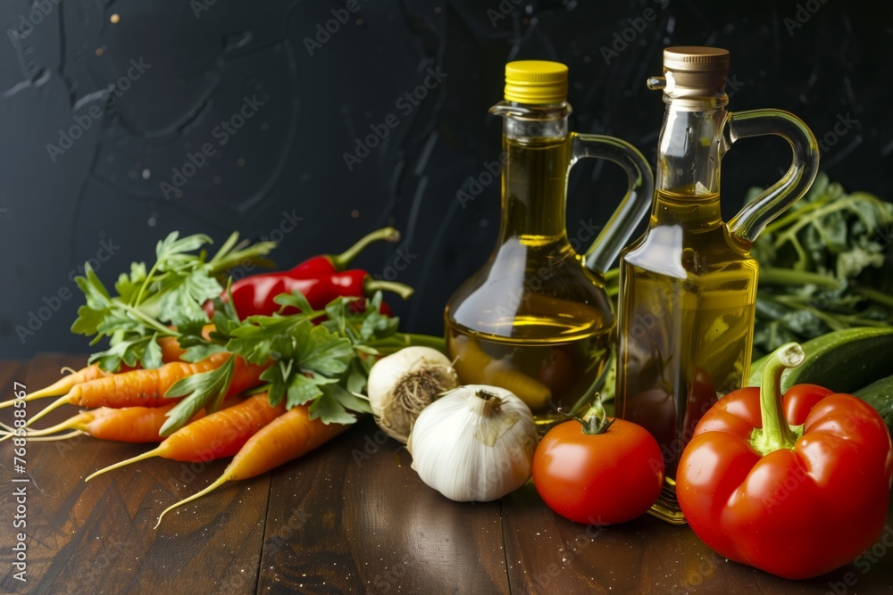 oil and vinegar bottles next to a pile of fresh vegetables