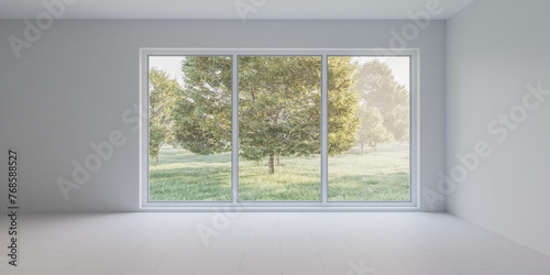 Empty room with large window overlooking field 3d render illustration