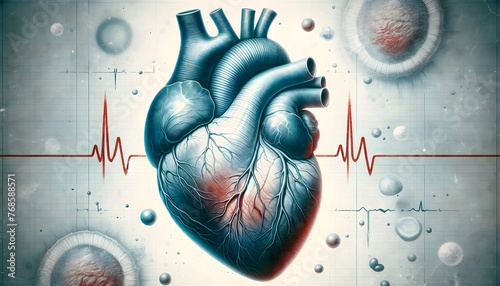  human heart with an EKG line across it, superimposed on a background with grid lines and abstract circular forms. 3d illustration.