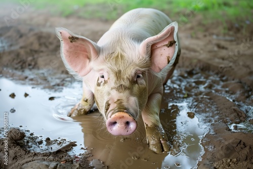 pig with a shiny snout after mud bath photo