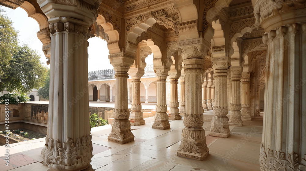 Elegant marble pillars standing tall, adorned with intricate carvings and fine details.