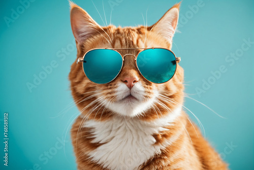 Closeup portrait of funny ginger cat wearing sunglasses isolated on light cyan