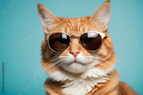 Closeup portrait of funny ginger cat wearing sunglasses isolated on light cyan