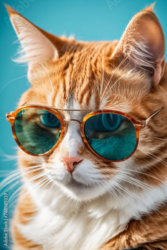 Closeup portrait of funny ginger cat wearing sunglasses isolated on light cyan