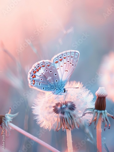 Beautiful natural pastel background with butterfly sitting on dandelion, copy space, close-up professional photo © shooreeq