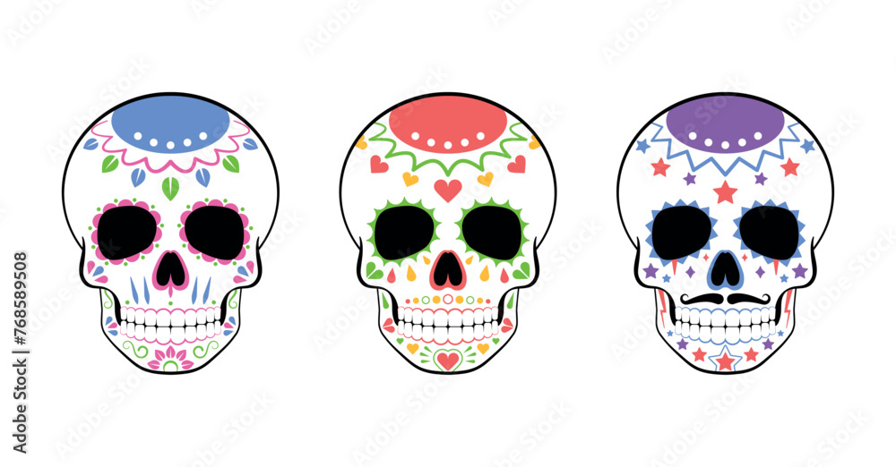 Set of 3 sugar skulls. Funny cartoon style. Vector illustration.