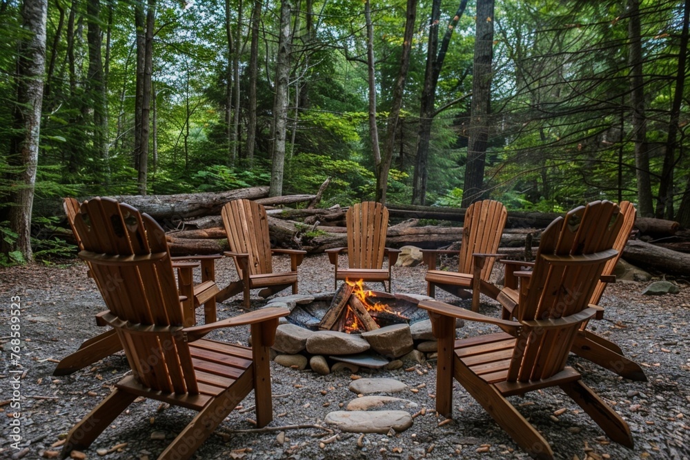 circle of Adirondack chairs around the fire pit